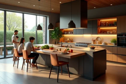cuisine moderne et conviviale avec équipements pratiques et fonctionnels