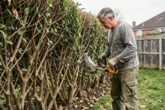 Paysagiste professionnel effectuant l'abattage d'une haie dense avec un taille-haie thermique dans un jardin résidentiel
