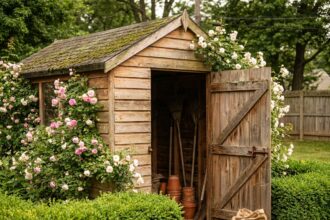Abri de jardin en bois naturel entouré de rosiers grimpants dans un jardin verdoyant