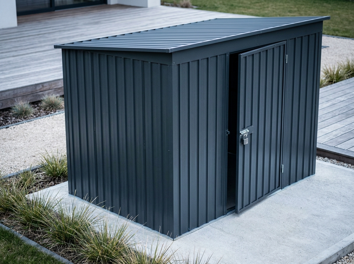 Abri de jardin en métal anthracite moderne sur dalle béton dans un jardin contemporain