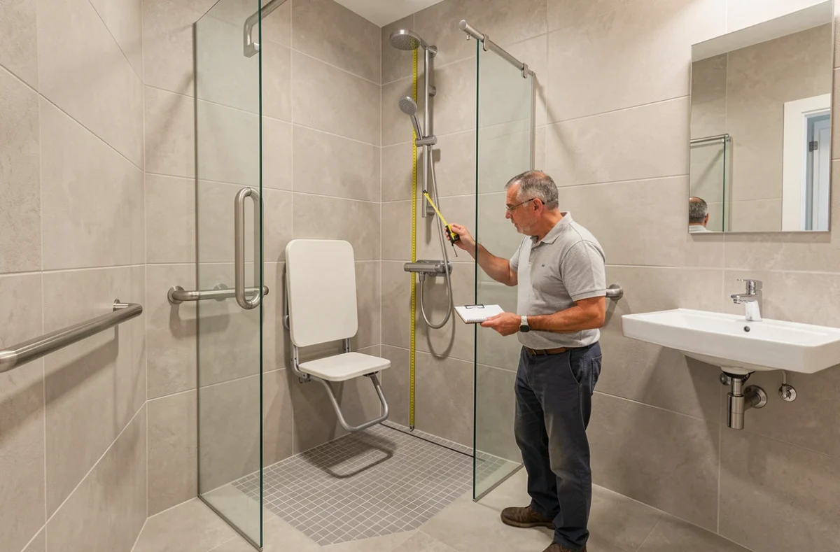 Salle de bain PMR aménagée par Acces Services avec douche accessible, barres de maintien et siège rabattable