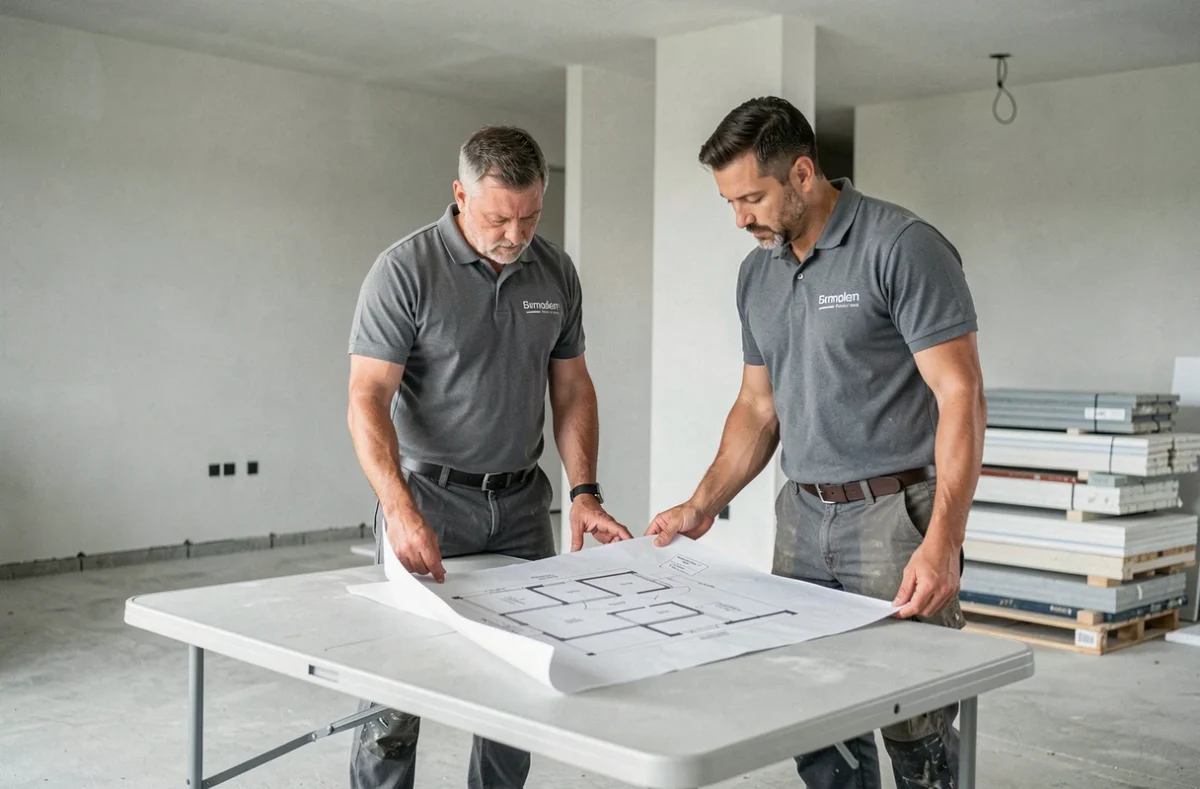 Équipe d'ADN BTP étudiant les plans d'une rénovation de salle de bain dans un appartement de la Loire