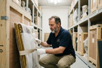 Agent d'art professionnel sécurisant une peinture précieuse