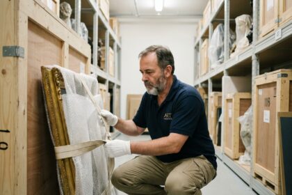Agent d'art professionnel sécurisant une peinture précieuse