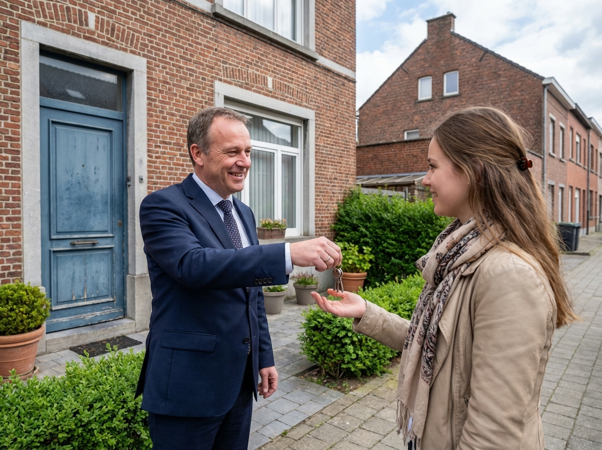 Agent immobilier donnant des clés à une jeune femme devant une maison belge