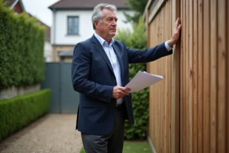 Agent municipal inspectant une clôture en bois dans un jardin résidentiel français lors d'un contrôle PLU