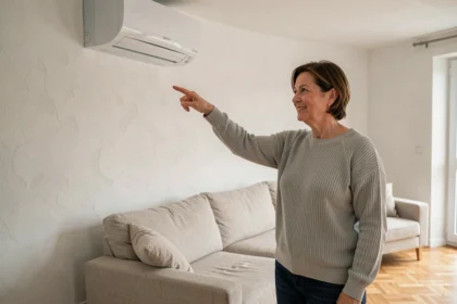 Femme de 50 ans pointant une pompe à chaleur air-air installée dans un salon moderne avec parquet en chêne
