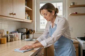 Aide ménagère professionnelle en tablier bleu nettoyant un plan de travail dans un appartement modeste du 93