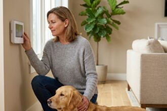 Femme ajustant une alarme maison en présence de son chien golden retriever dans un salon moderne