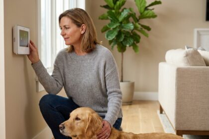 Femme ajustant une alarme maison en présence de son chien golden retriever dans un salon moderne