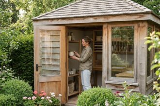 Femme aménageant l'intérieur d'une maison de jardin en bois dans un jardin verdoyant