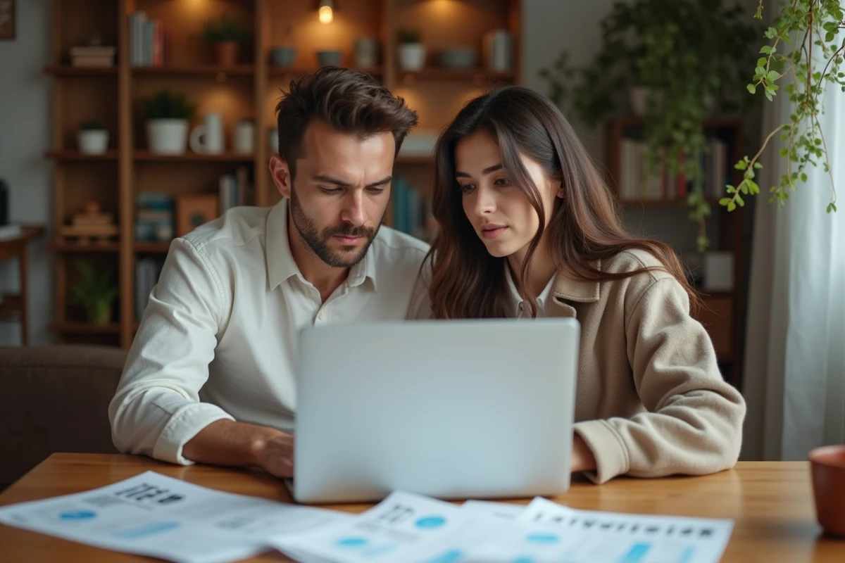 Couple analysant leur facture d'eau et leur consommation annuelle d'eau à domicile sur un ordinateur portable