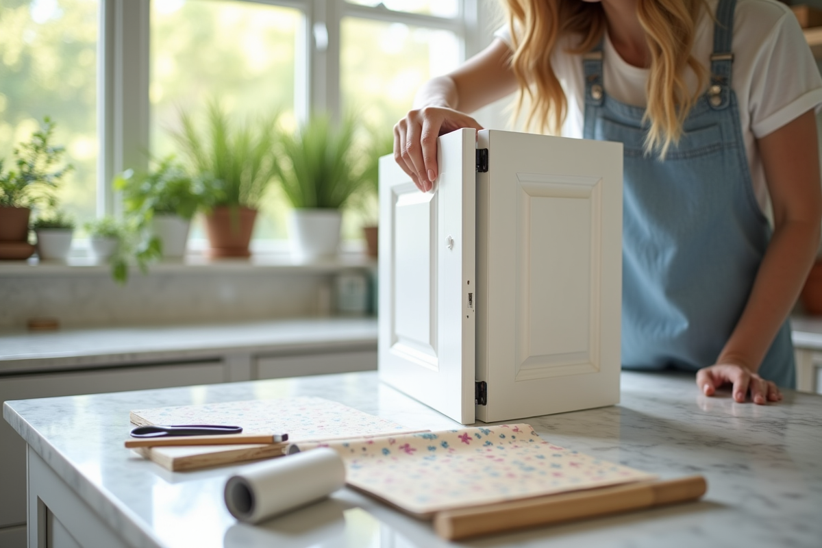 Personne appliquant du vinyle sur une porte de cuisine avec outils et plantes