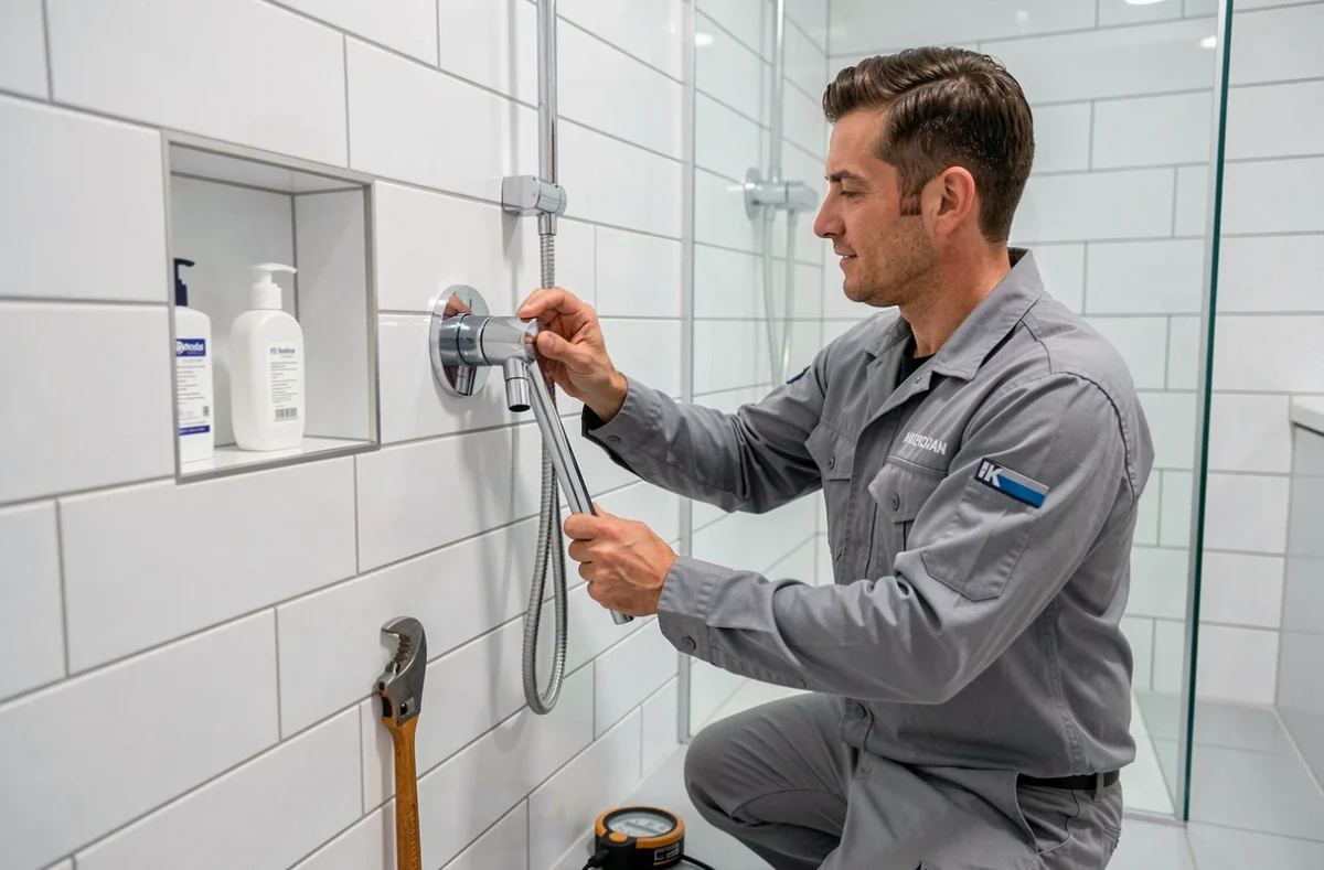 Technicien d'Aquaflux réglant un mitigeur thermostatique dans une douche à l'italienne de la Loire
