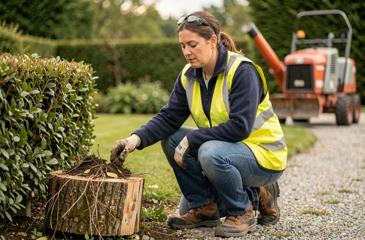 Arboriste féminine inspectant les racines d'une souche de haie lors d'un chantier d'abattage dans un jardin privé