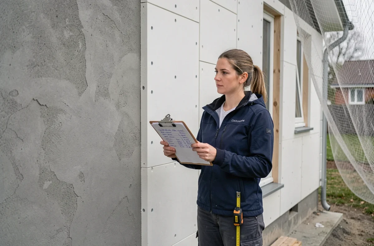 Architecte sur chantier évaluant le coût de l'isolation thermique par l'extérieur en polystyrène