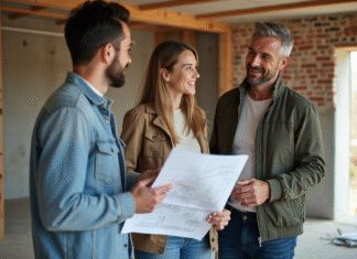 Rénovation et construction : les clés pour réussir votre projet immobilier Architecte discutant plans avec un couple dans une rénovation