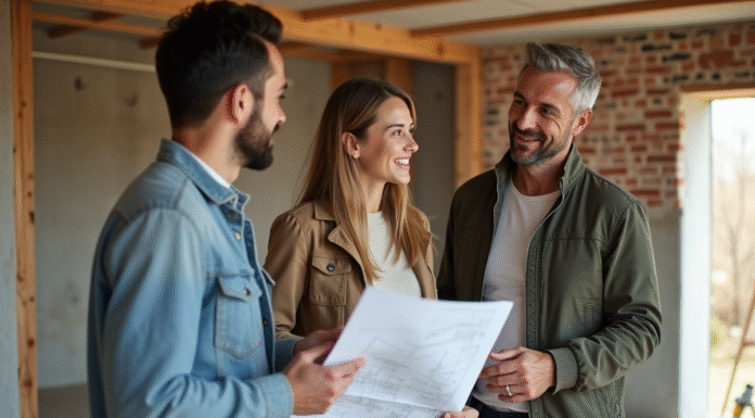 Architecte discutant plans avec un couple dans une rénovation