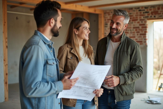 Architecte discutant plans avec un couple dans une rénovation