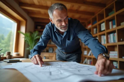 Architecte examinant des plans et un devis pour un chalet habitable dans un bureau en bois
