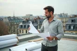 Architecte examinant des plans sur un toit terrasse en cours de construction à Paris