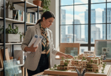 Jeune architecte examinant un modele durable en intérieur