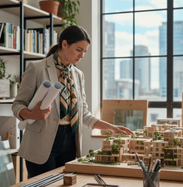 Construire différemment : les nouvelles tendances architecturales Jeune architecte examinant un modele durable en intérieur