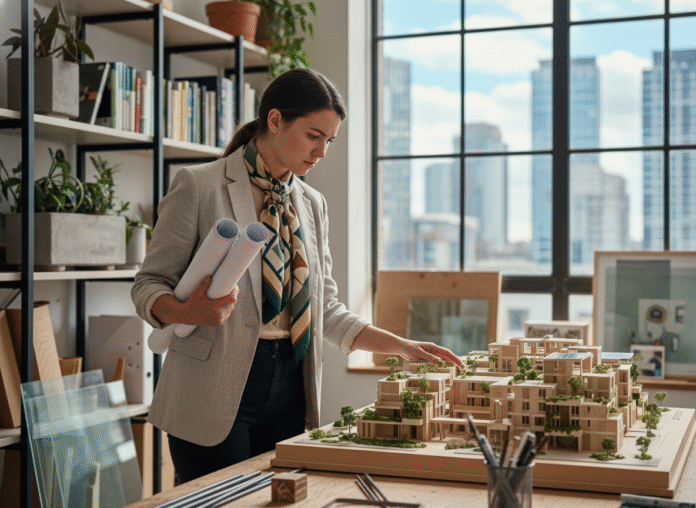Jeune architecte examinant un modele durable en intérieur