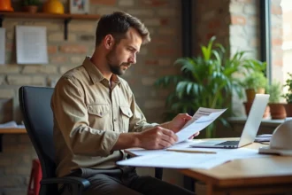 Artisan consultant un devis travaux sur un ordinateur portable avec des échantillons de matériaux sur son bureau à Nantes