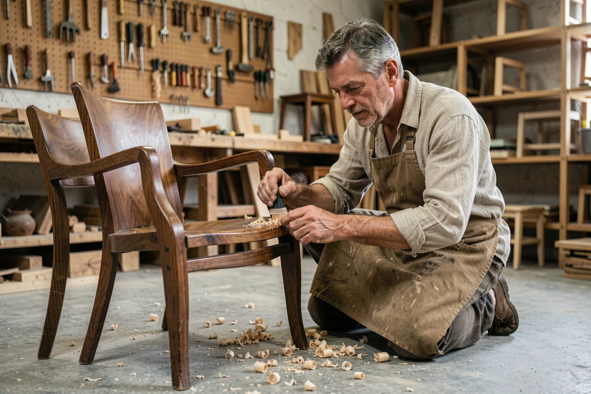 Artisan ébéniste français ponçant un fauteuil en noyer dans son atelier traditionnel