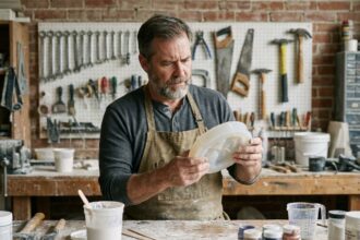 Artisan examinant un moule en silicone flexible dans un atelier de moulage avec des matériaux de coulée sur un établi en bois