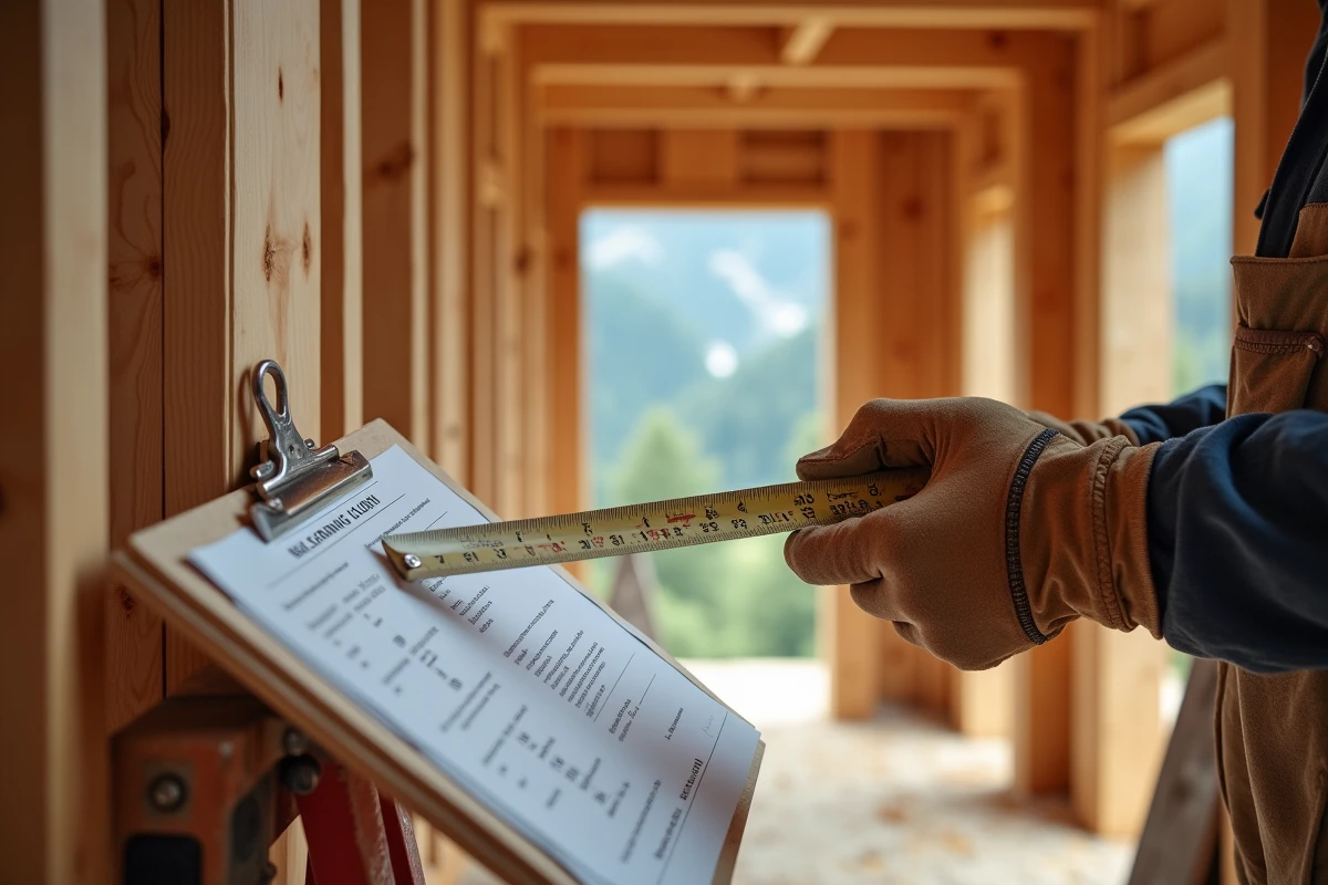 Artisan mesurant des panneaux en bois avec un devis de chalet habitable sur un chantier