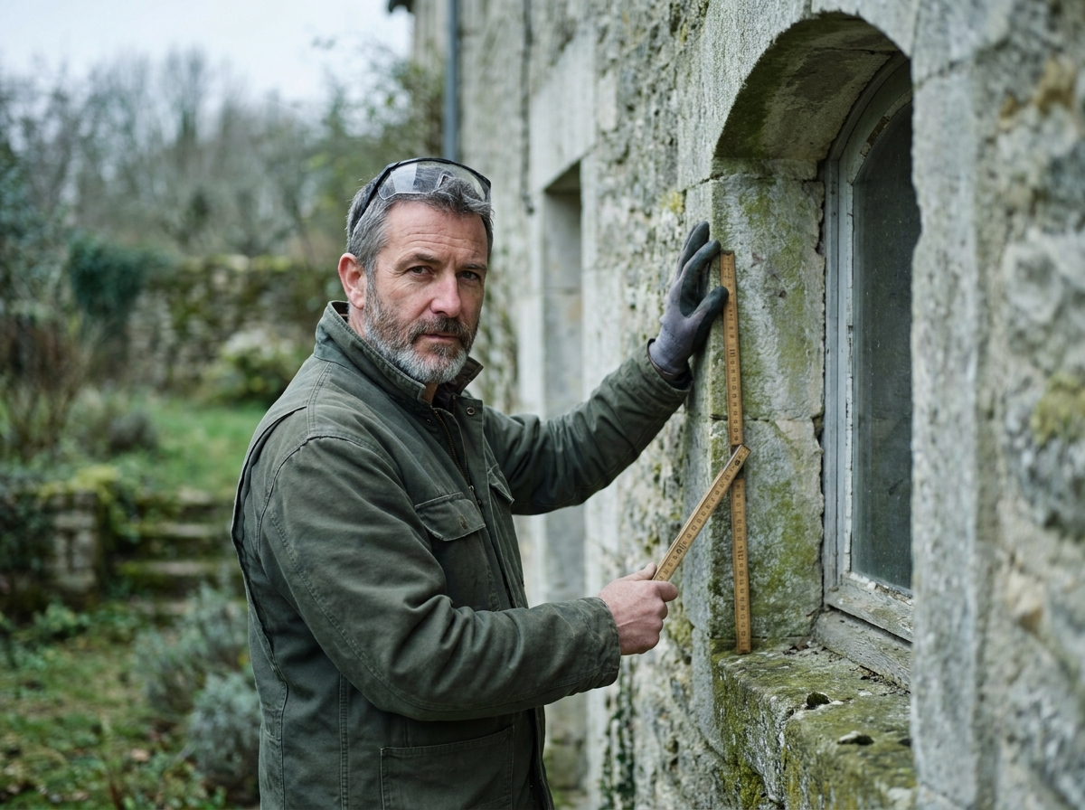 Artisan mesurant l'encadrement extérieur d'une fenêtre en pierre de taille sur une maison de campagne française pour une commande sur-mesure