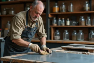 Artisan appliquant une patine sur une feuille de zinc avec un pinceau en soies naturelles dans un atelier de métallurgie