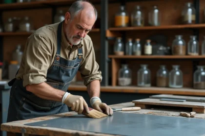 Artisan appliquant une patine sur une feuille de zinc avec un pinceau en soies naturelles dans un atelier de métallurgie