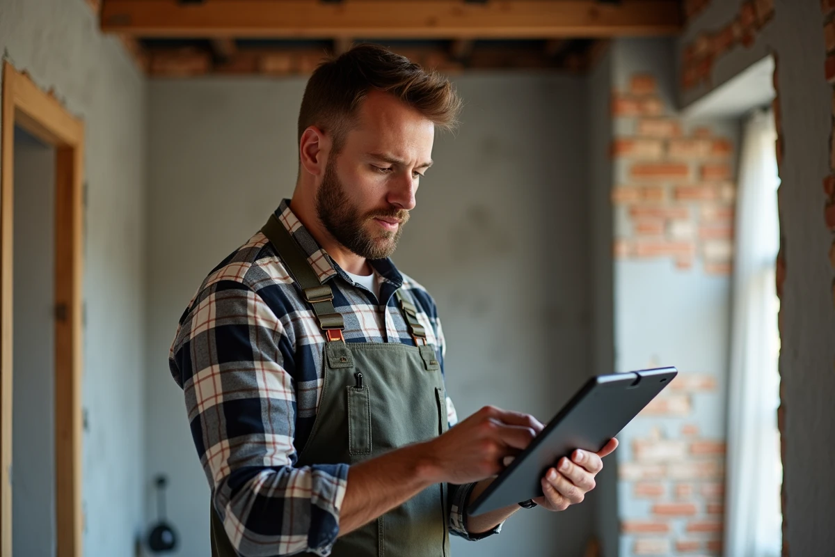 Artisan homme vérifiant plans sur tablette dans maison en rénovation