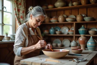 Femme alsacienne peignant un bol en céramique traditionnel