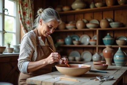 Femme alsacienne peignant un bol en céramique traditionnel