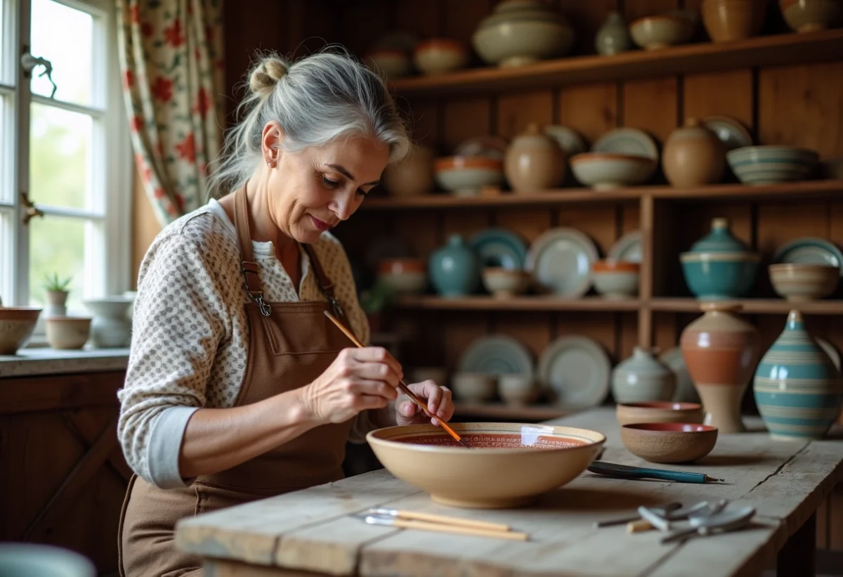 Femme alsacienne peignant un bol en céramique traditionnel