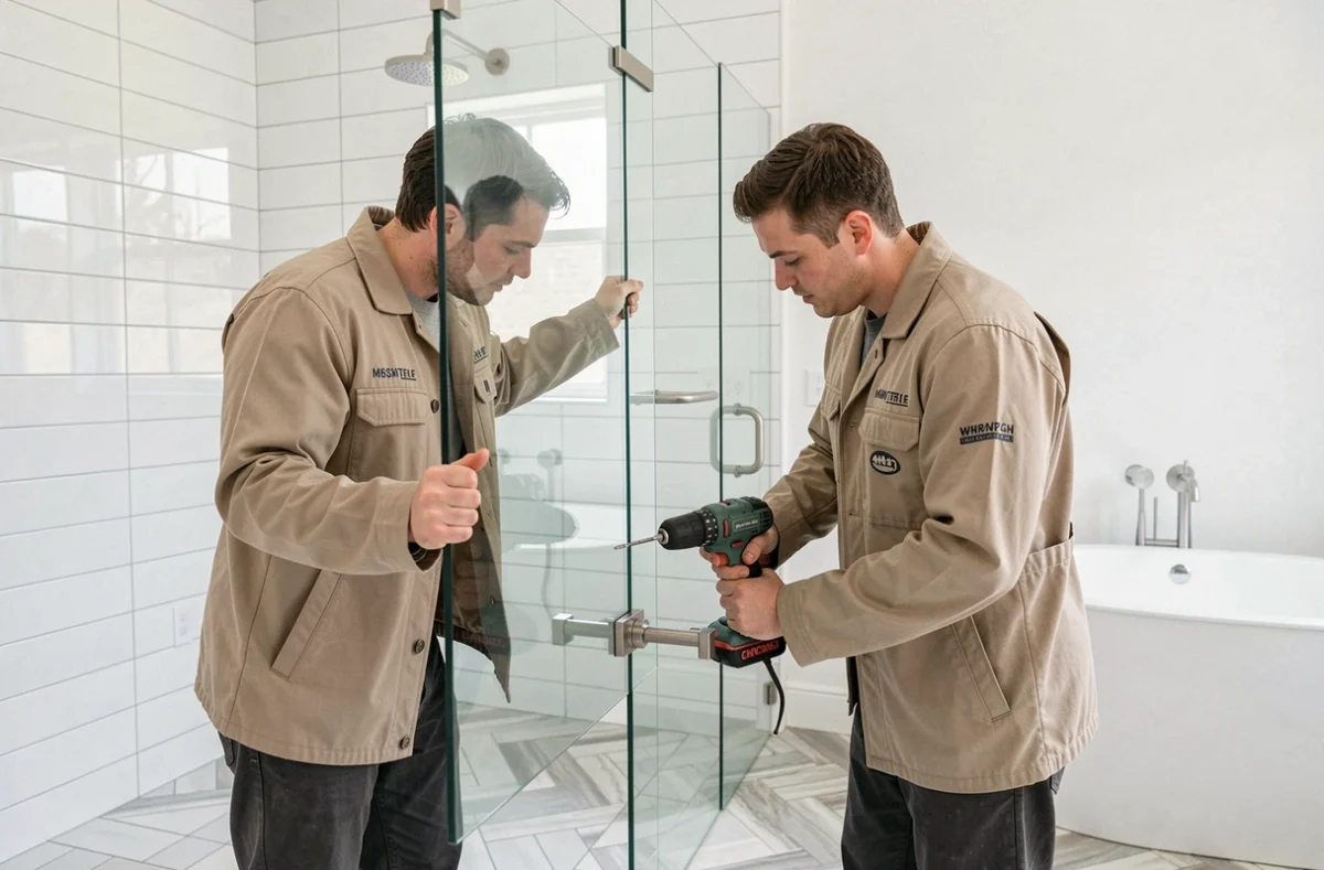 Deux artisans d'Artisans De Proximite installant une cabine de douche en verre dans une salle de bain contemporaine