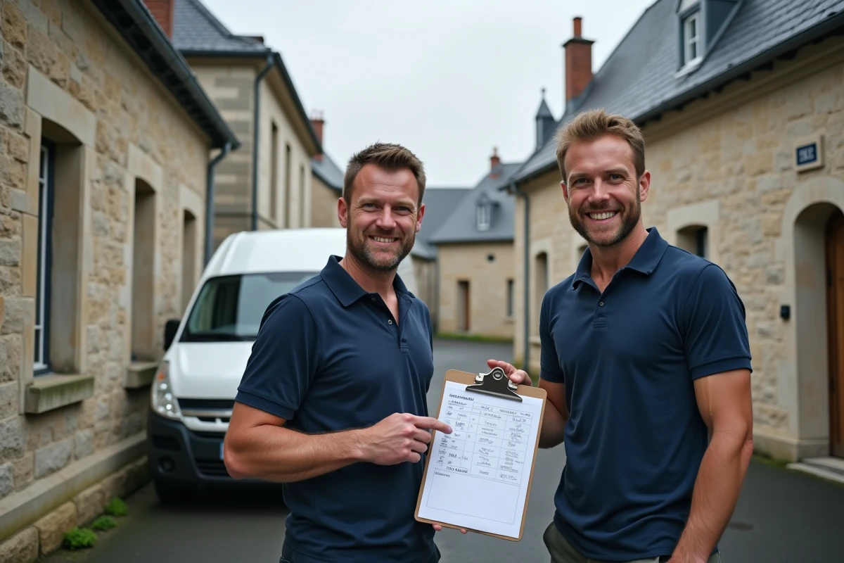Deux artisans examinant un devis de travaux devant un immeuble en pierre typique de Nantes