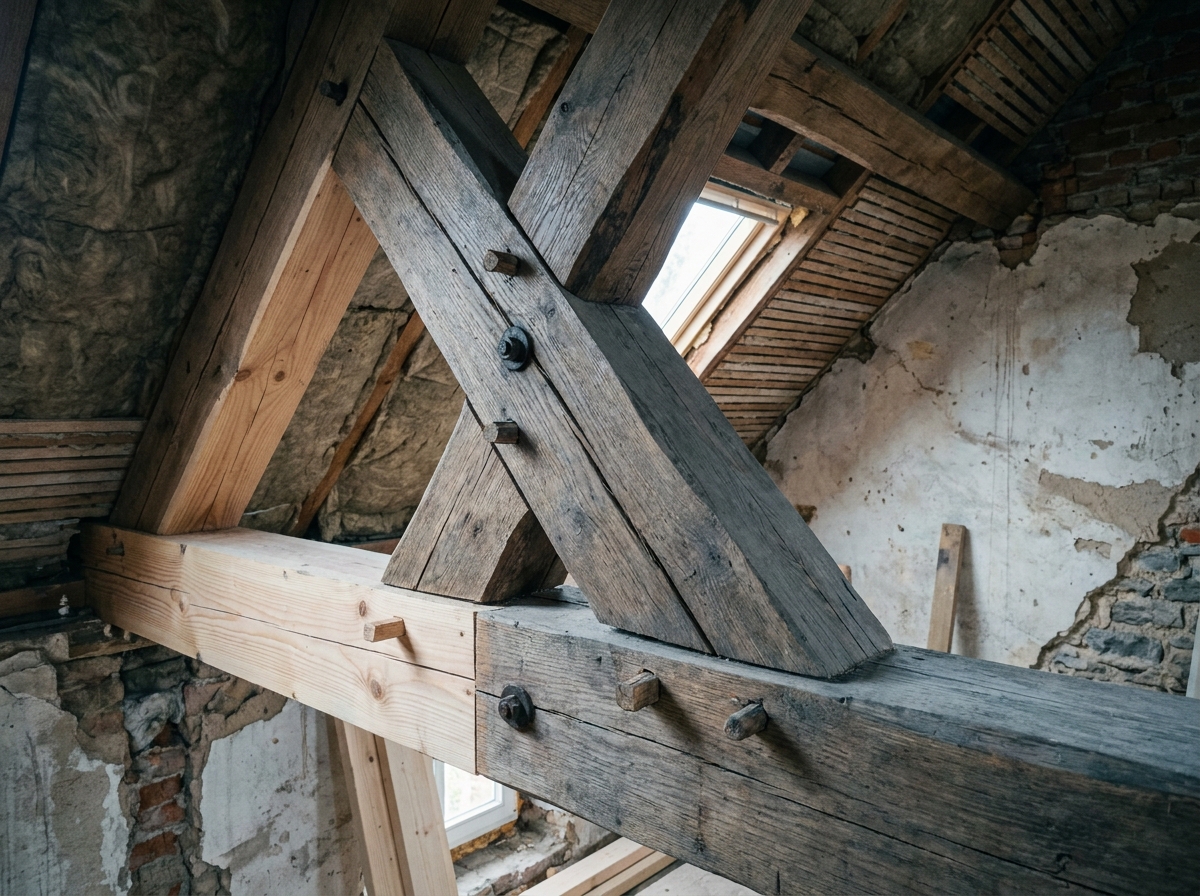 Assemblage de charpente traditionnelle avec mortaises et tenons visibles lors de travaux de rénovation