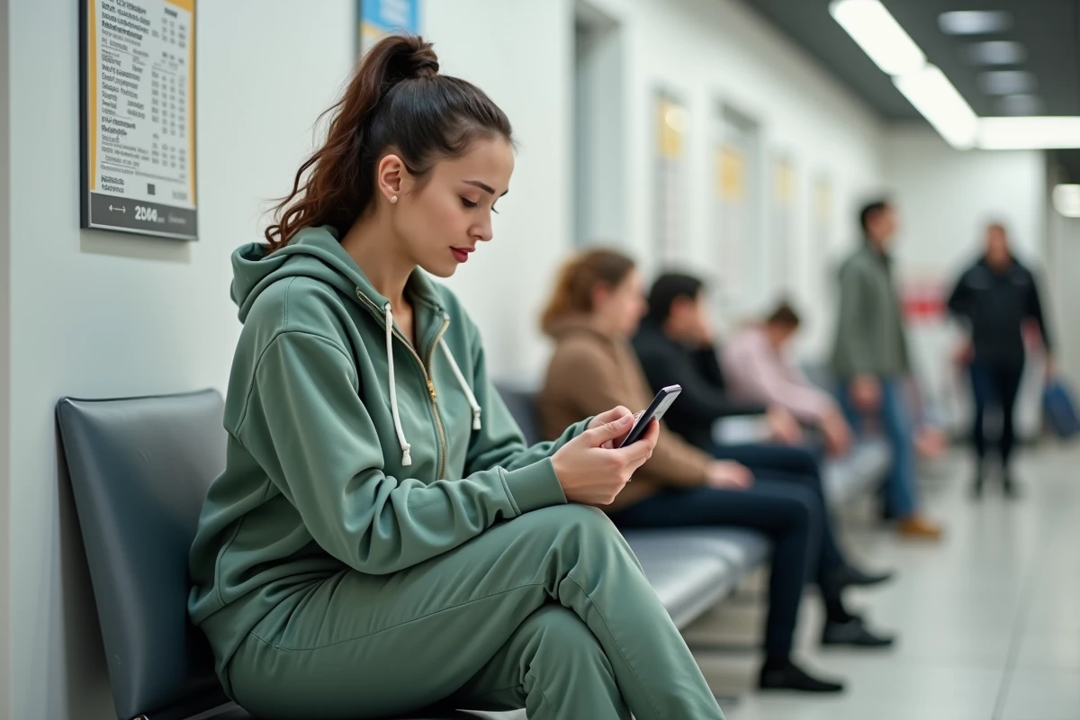 Femme vérifiant le statut de sa commande Alinea sur son téléphone dans l'espace d'attente retrait marchandises