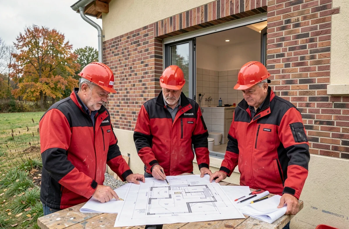 Équipe de BatiRenov Pro discutant des plans de rénovation devant un chantier résidentiel en Seine-et-Marne