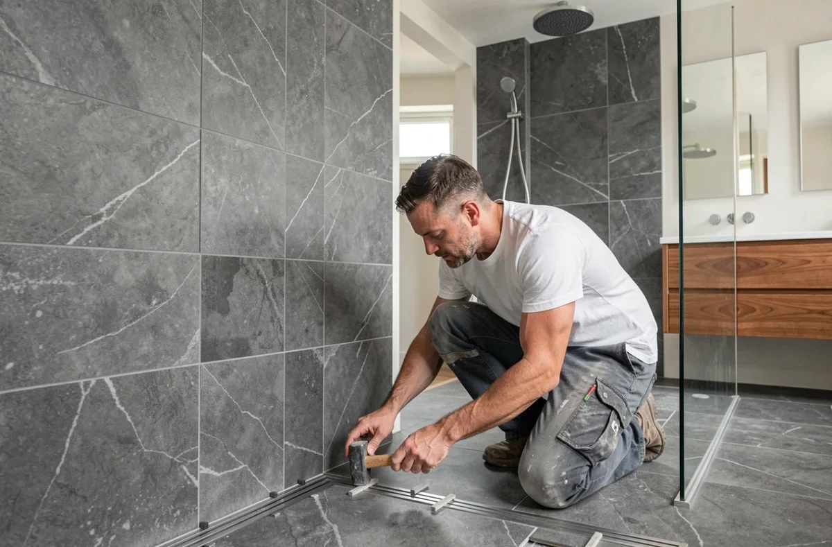 Carreleur de Be Travaux posant les derniers carreaux d'une douche à l'italienne avec receveur linéaire dans une salle de bain haut de gamme