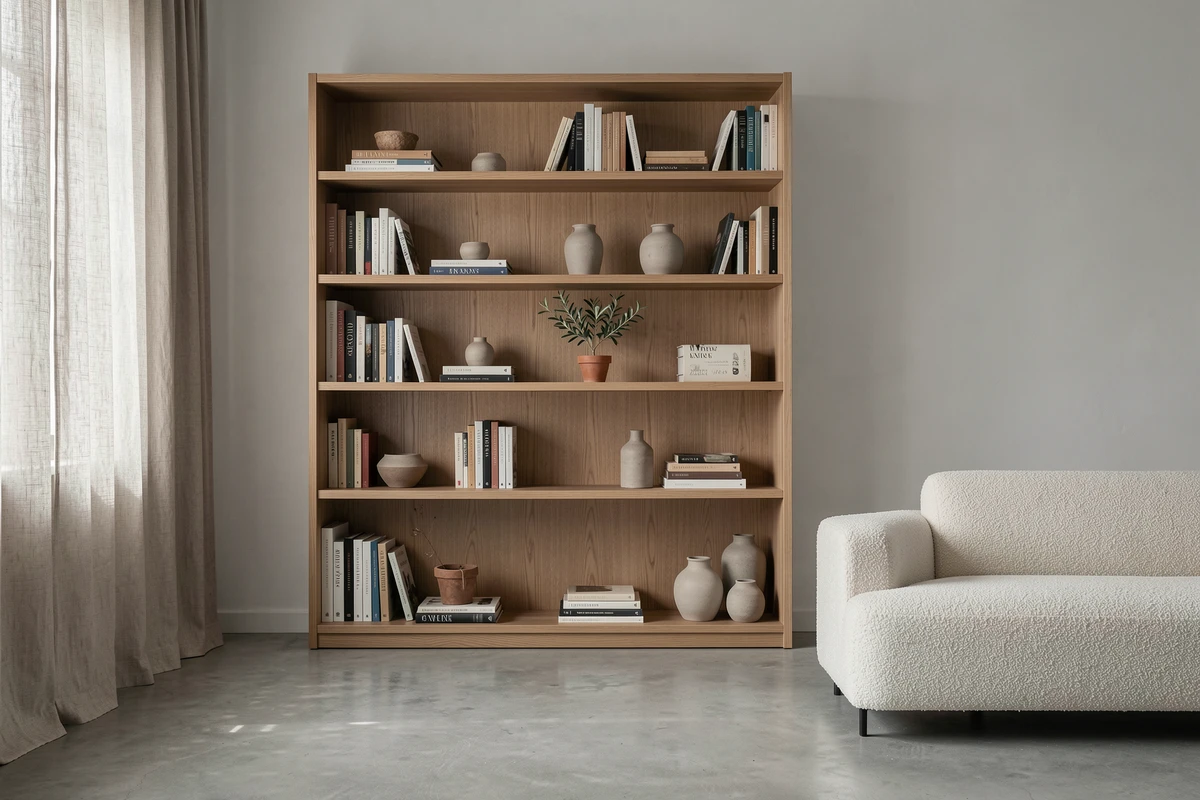 Bibliothèque en frêne massif français dans un intérieur contemporain mêlant tradition et modernité