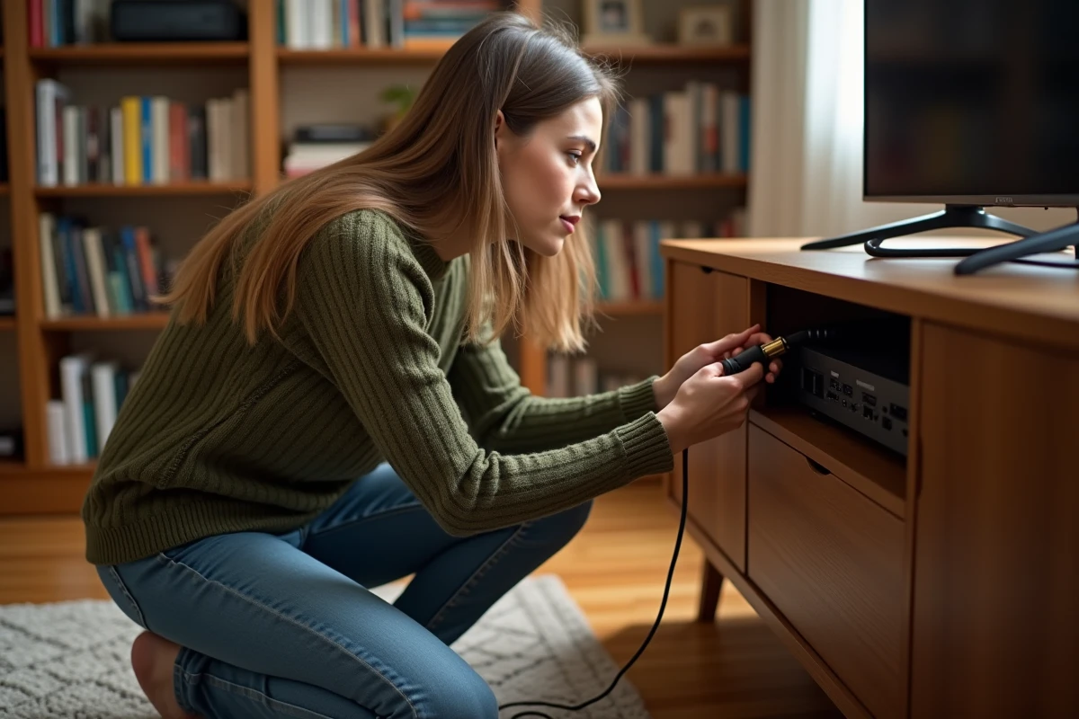 Jeune femme branchant un câble coaxial à l'arrière d'un téléviseur dans un appartement contemporain