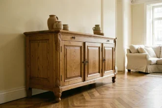 Buffet en chêne massif français dans un salon haussmannien avec parquet et moulures