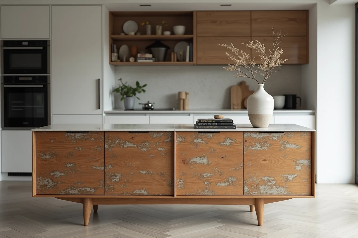 Buffet vintage en bois patiné intégré dans une cuisine contemporaine ouverte avec armoires blanches et accessoires design
