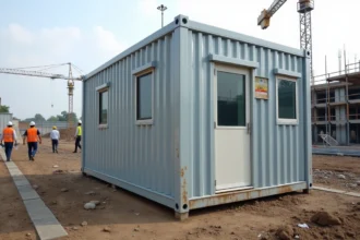 Bungalow de chantier modulaire installé sur un grand chantier BTP avec ouvriers en gilets haute visibilité